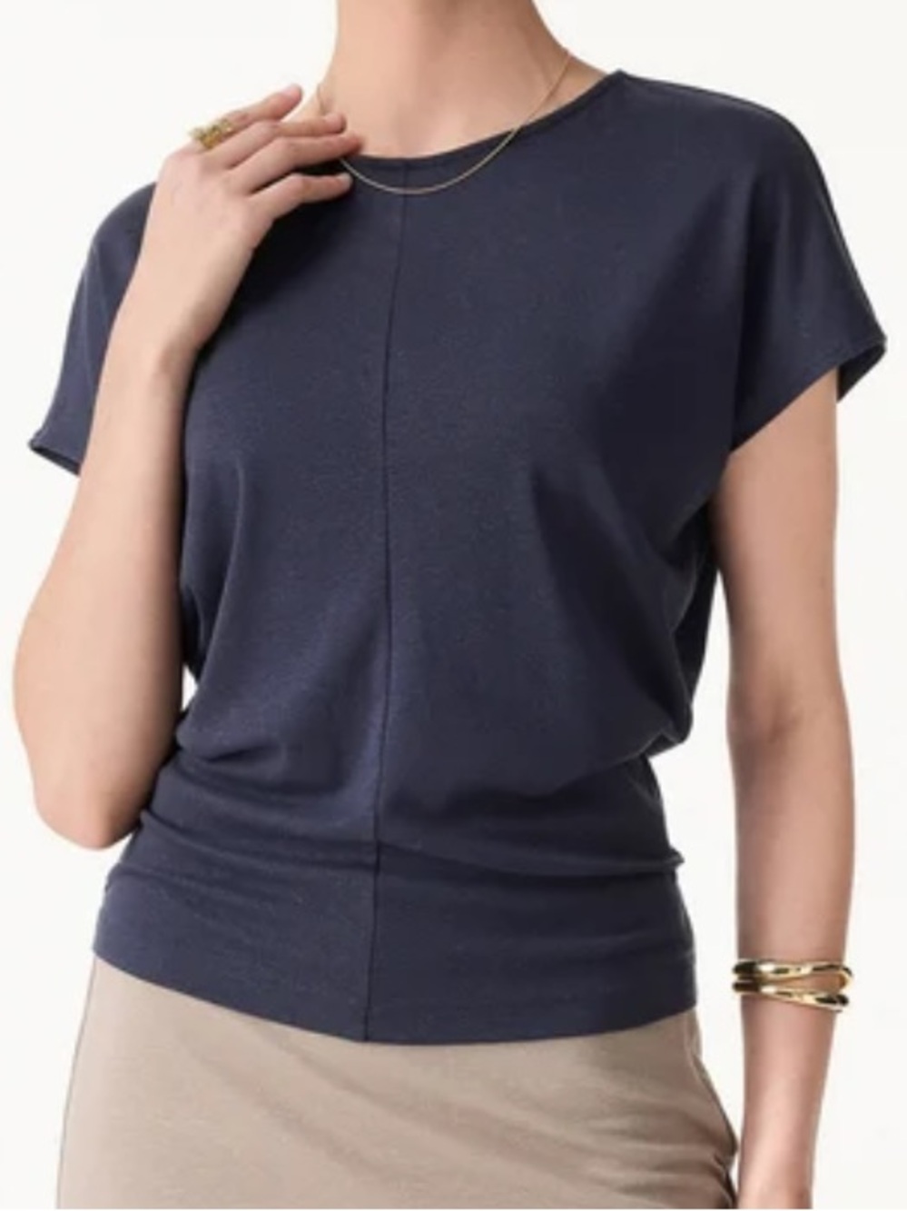 OGL | Tencel-Linen Blend Round Neck Relaxed Summer Top Smoky Navy Blue | Medium